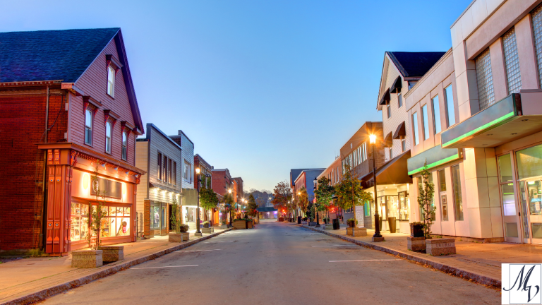 street view in nova scotia (NS) around sundown with lights glowing